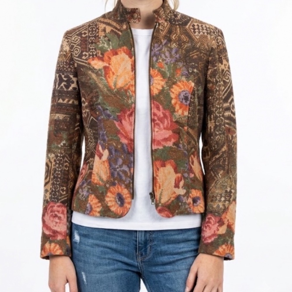 Coldwater Creek Floral Tapestry Jacket Brown Boho Jacquard Zip Blazer P8 C5